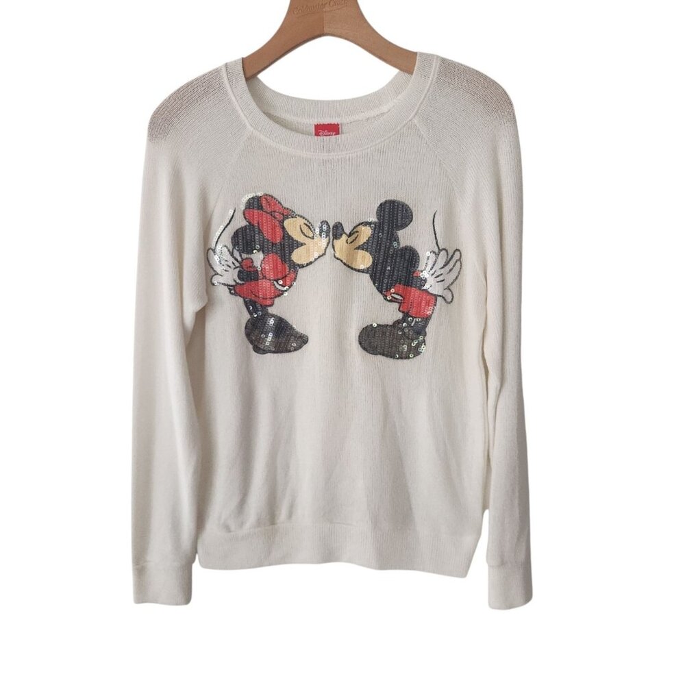 Disney Jerry Leigh Sweater Mickey Minnie Kissing Sequin Knit Cream Womens Medium